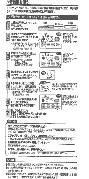 設定済み学習リモコンの設定方法抜粋